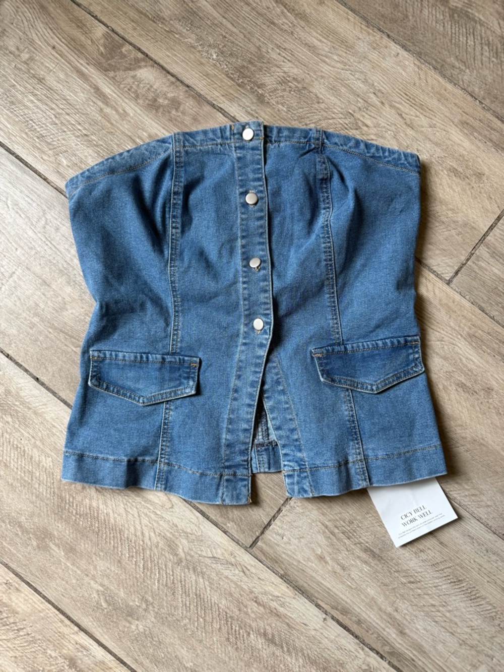 Women size L Strapless Denim Corset Top in Medium Blue